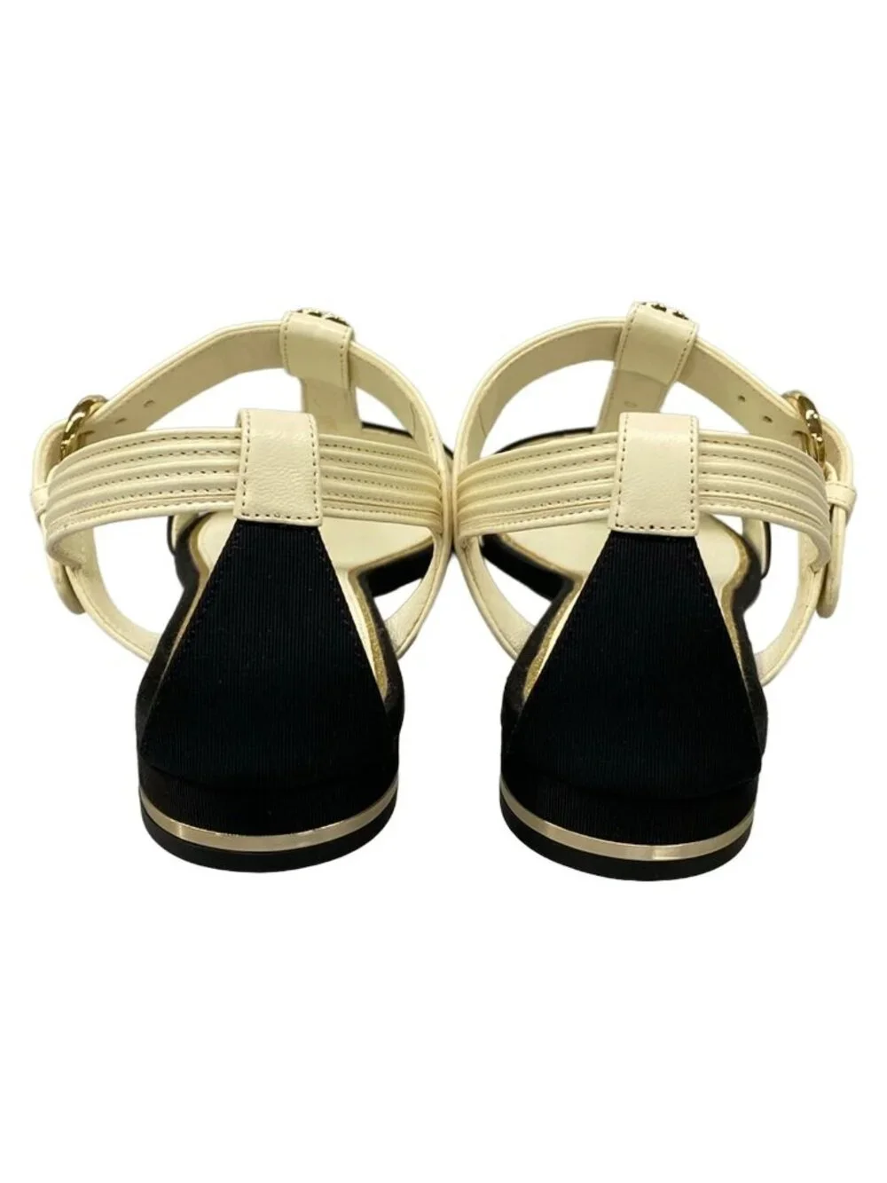 Chanel Sandals Ivory Black CC Logo Gold Pearl Leather